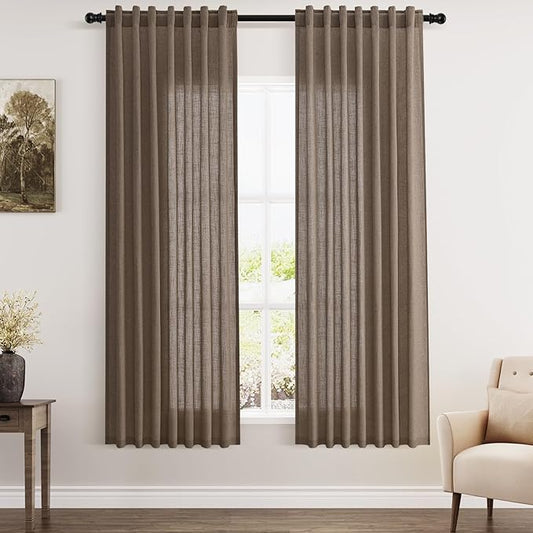 Light Brown Linen Curtains 63 Inches Long for Bedroom Back Tab Light Filtering Privacy Sheer Curtains Modern Farmhouse Coastal Decor Light Brown Cotton Textured Gauze Curtain for Bathroom 2 Panel Set