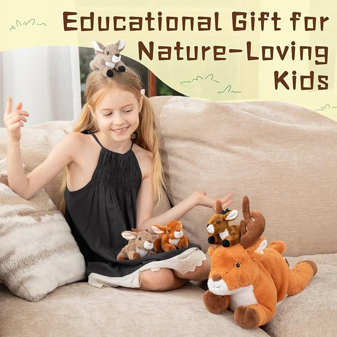 MorisMos 5 Pcs Large Deer Stuffed Animal, 18inch Mommy Deer Plush with 4 Fawns, Soft Fawn Plush Toys Gifts for Kids, Girls, Boys