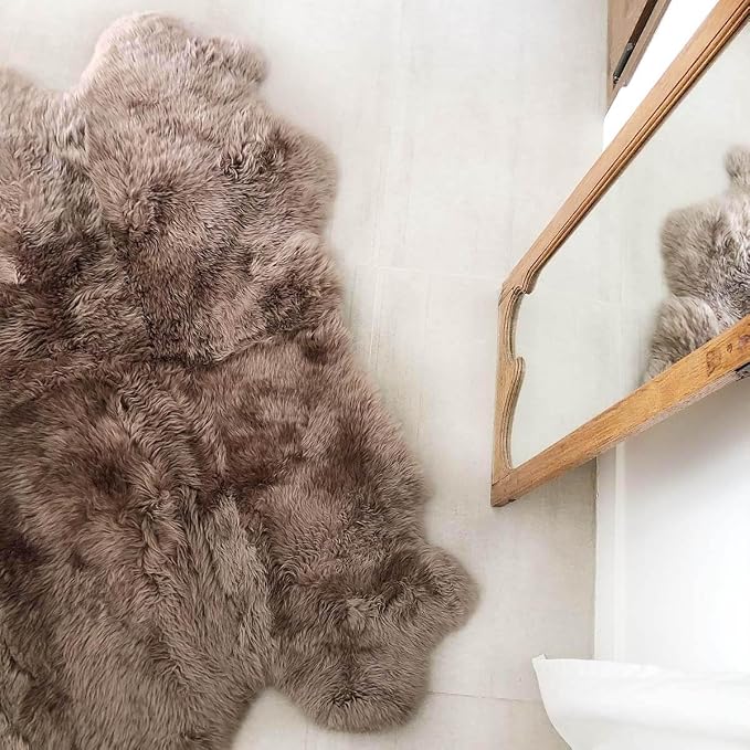Premium Octo 100% Genuine Sheepskin Area Rug Long Hair 6x6 ft – Natural Soft & Fluffy Lambskin Rug for Bedroom or Living Room – Made in Argentina (Beige)