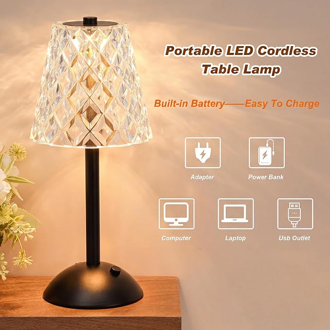 Liliful 2 Pcs Cordless Table Lamp Rechargeable Touch LED Small Gold Portable Battery Operated USB-c Desk Lamp 3 Color Dimmable for Bedroom Living Room Dining (Black,Diamond Style)
