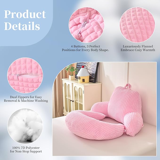 17" Reading Pillow for Bed,U Shaped Arm & Elbow Support,Pink Flannel | Backrest Supports Back,U shaped Lap Pillow Cushions Arms,Elbows & Wrists,Soft Flannel for Reading,Gaming,Watching TV