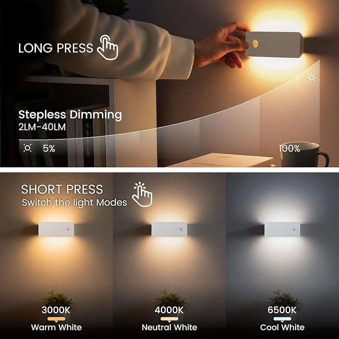 LED Backlit Motion Sensor Night Light, Rechargeable Night Light, Mini Stick-On Night Lights, Soft Two-Sided Glow, Magnetic, 3-Color Adjustable, for Bedroom, Toilet, Hallway & Cabinet