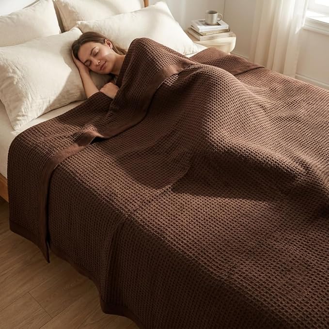 TreeWool Premium 100% Cotton Waffle Queen Blanket (90"x90", Brown) | Breathable Lightweight Moisture Wicking Soft Knit Thermal Blanket for Summer, Bed or Sofa All-season Comfort Machine Washable
