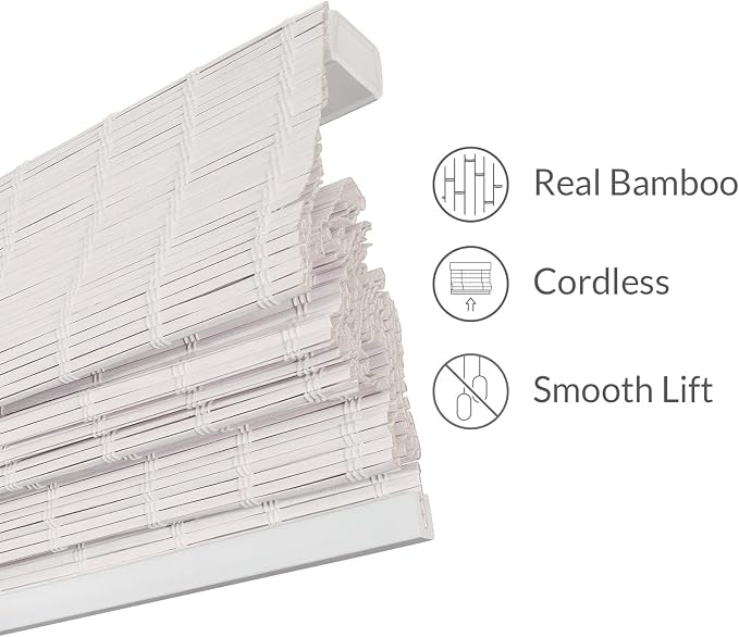 CHICOLOGY Bamboo Roman Shade, Cordless Light Filtering Woven Wood Window Treatment for Living Room, Dining Room, Kitchen & Office, Natural Bamboo Blinds for Boho Coastal Decor, Snow, 32" W x 64" H