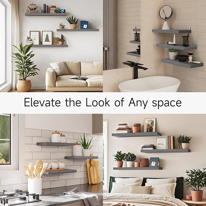 BAYKA Grey Floating Shelves for Wall 22.5 inch, Wall Mounted Shelf for Bedroom, Living Room, Kitchen – Wood with Hidden Metal Brackets, 22LBS Capacity, 6.7” Deep – Storage for Books, Plants, Decor
