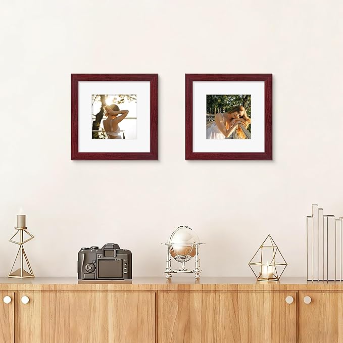 Picrit 8x8 Picture Frame Set of 12, Display 5x5 with Mat or 8 x 8 Without Mat, Photo Frames for Wall Mounting or Table Top Display, Dark Red Wood