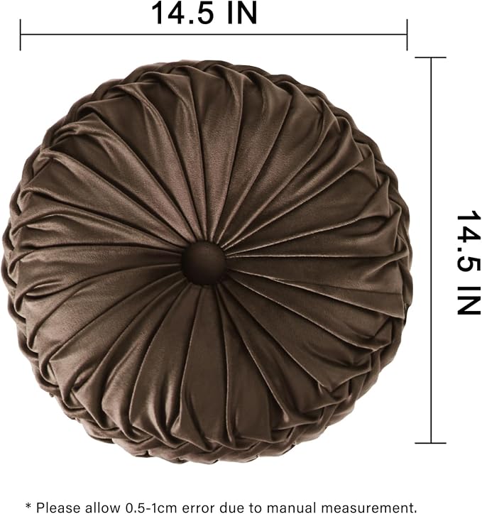HIG Set of 2 Decorative Round Pleated Throw Pillows,Classy Accent Pumpkin Throw Pillows with Center Button,Vintage Velvet Floor Pillows for Sofa Vanity Chair Bed,Chocolate,14.5" Diameter(Ripple)