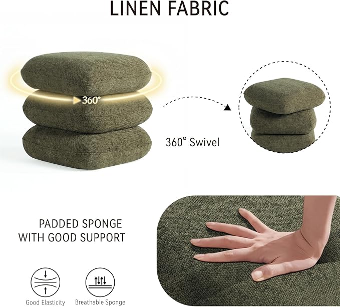 Get Set Style 360° Swivel Linen Ottoman, Modern Upholstered Foot Stool, Multifunctional Vanity Chair Accent Stool for Small Space, Living Room, Bedroom, Entryway, Olive Green