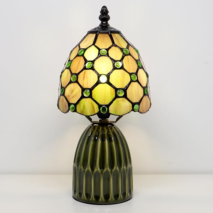 Tiffany Stained Glass Mushroom Table Lamp 12.5 Inch -Amber Pearl | Tiffany Lamp,6X6X12.5 Inch,Small Night Light,Ceramic Base, Mini Accent Light Suitable,Bedside,Bedroom, Children Room,Antique