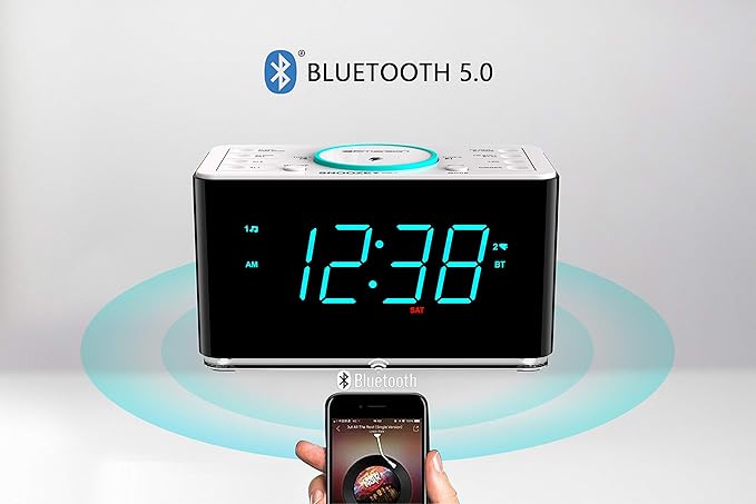 Emerson ER100401 Smartset 15Watt Ultra Fast Wireless Charging Dual Alarm Clock Radio with Bluetooth Speaker, USB Charger, Cyan LED Night Light and 1.4" Display