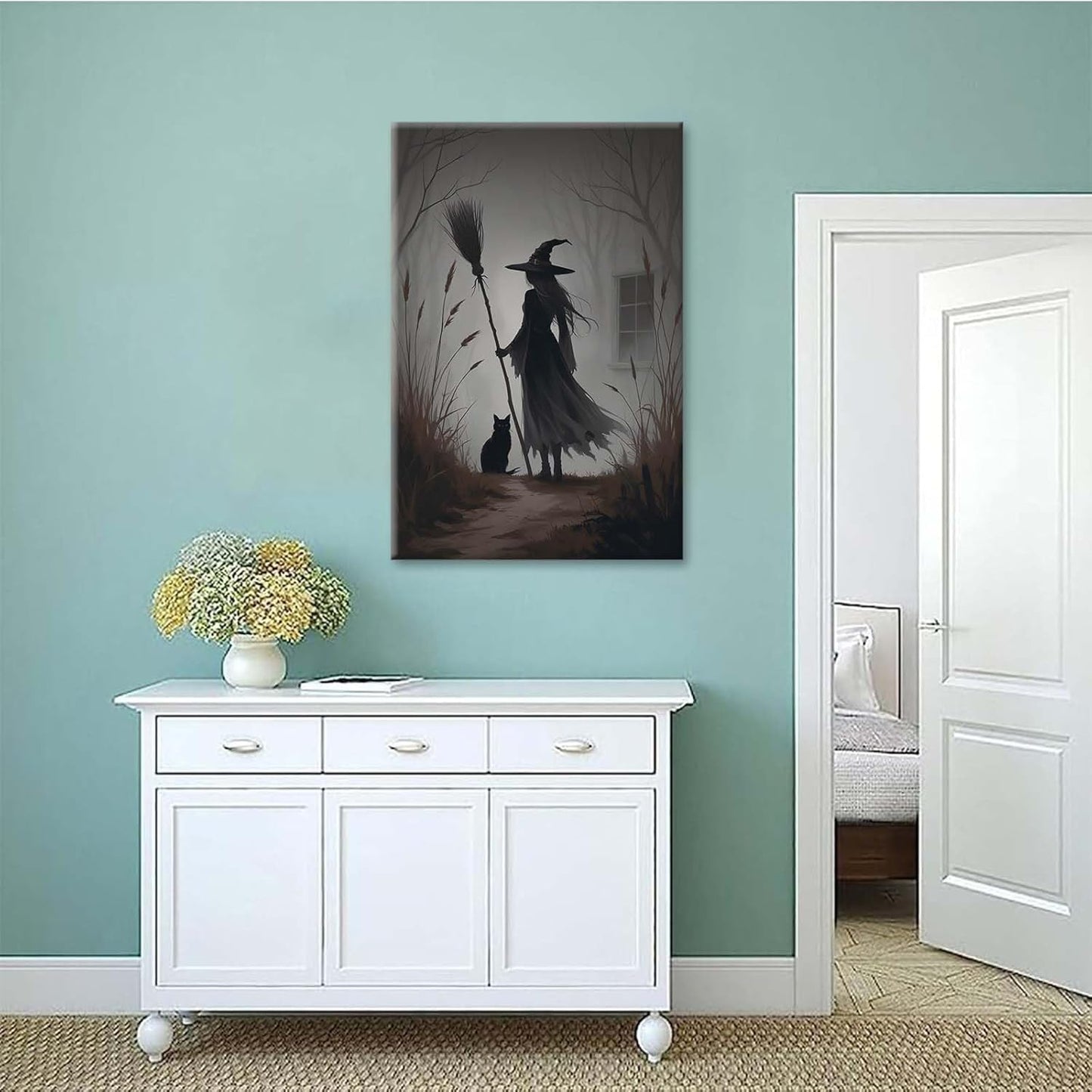 Vintage forest witch and black cat poster Halloween mural poster decoration mural art magic suitable for home living room bedroom16x24in Wood Framed