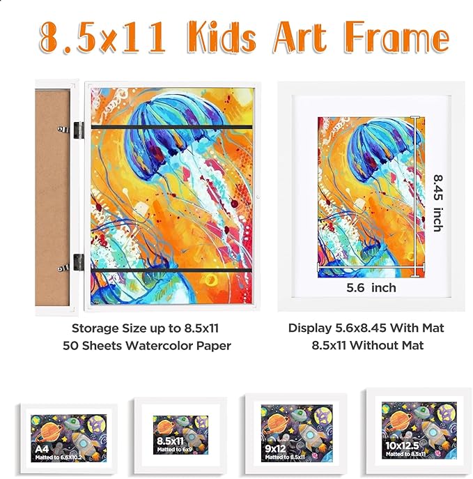 KINLINK 8.5x11 Kids Art Frame Set of 2, Solid Wood Kids Artwork Frames Changeable with Front Opening Hold 150 Pictures, Art Frames for Kids Art with Mat，without Mat 8.5x11 Picture Frame, White