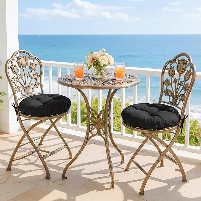 idee-home Outdoor Bistro Chair Cushions Set of 2, Round Seat Cushions | 15”x15”x 4” Thick Outdoor Round Seat Pads Tufted with Ties, Waterproof Patio Furniture Pads for Garden