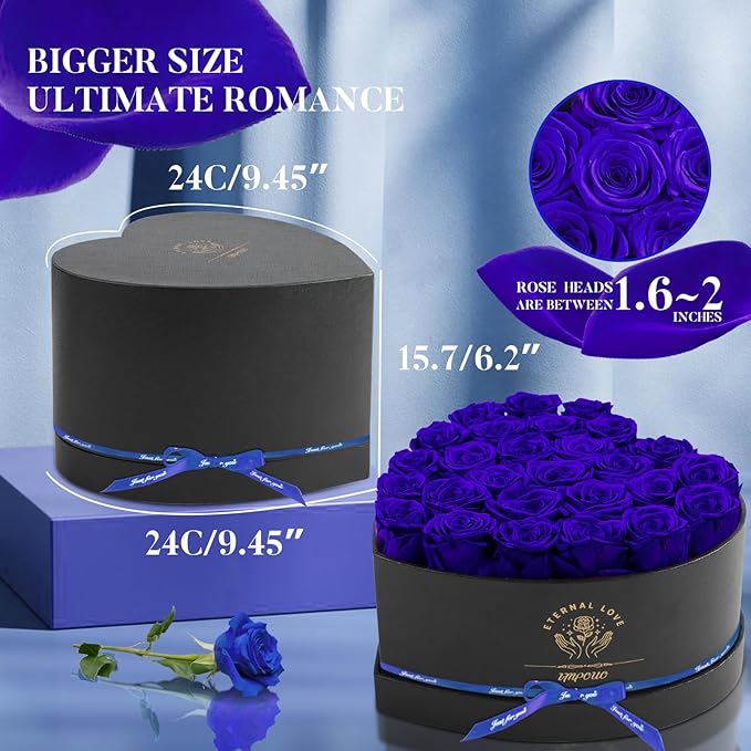Impouo Preserved Rose in Heart Shape Box, 27 Forever Flowers, Eternal Roses, Birthday Gifts for Women, Wife, Her, Mother's Day, Blue