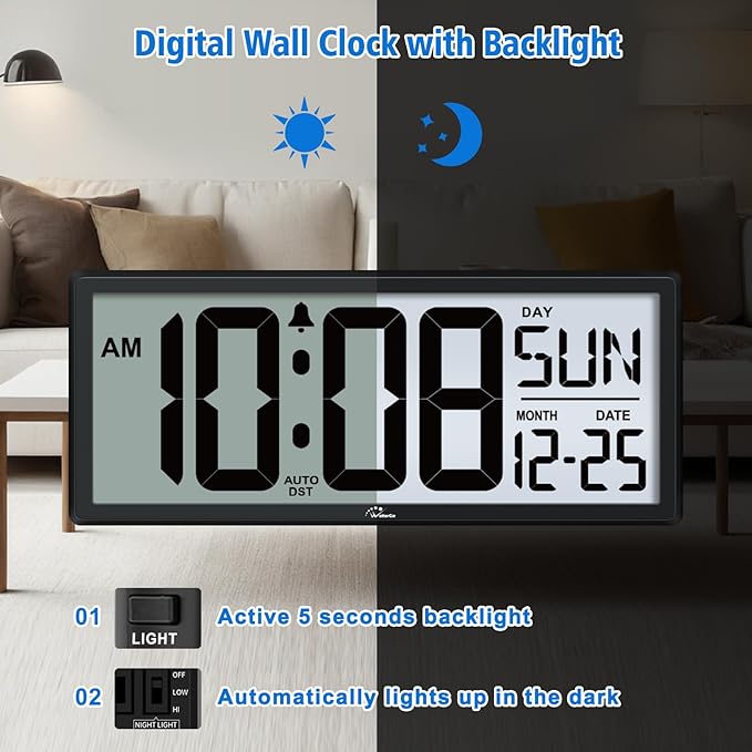 WallarGe Backlight Digital Wall Clock Battery Operated - with Temperature and Date 14.5'' Large Digital Wall Clock, Easy to Read and Set, Auto DST