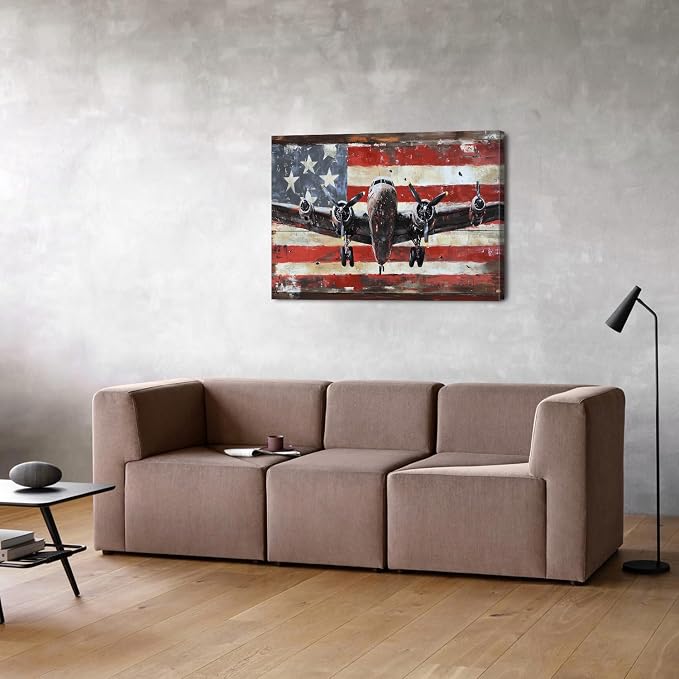 Black and White Plane Wall Art Turbine Fighter Aircraft Pictures Canvas Prints Living Room Vintage Modern Airplane Painting Framed Artwork for Office Home Decorations Rustic USA Flag Posters 24x36