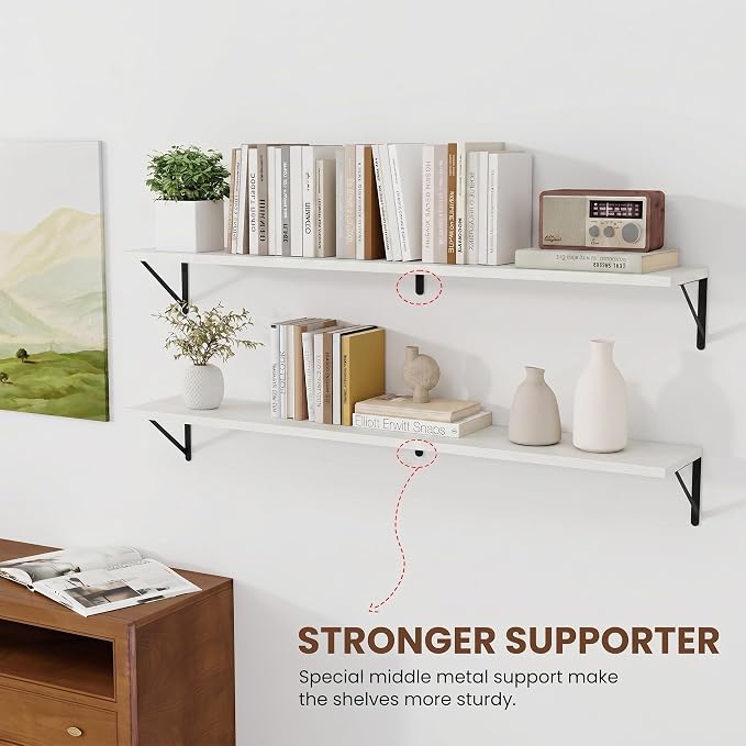 Vivelove White Deep Floating Shelves for Wall, 48W x 8D Wood Wall Shelves Set of 2, Wide Floating Bookshelf for Living Room, Kitchen, Office, Bedroom and Decor Storage, with Black Bracket - White