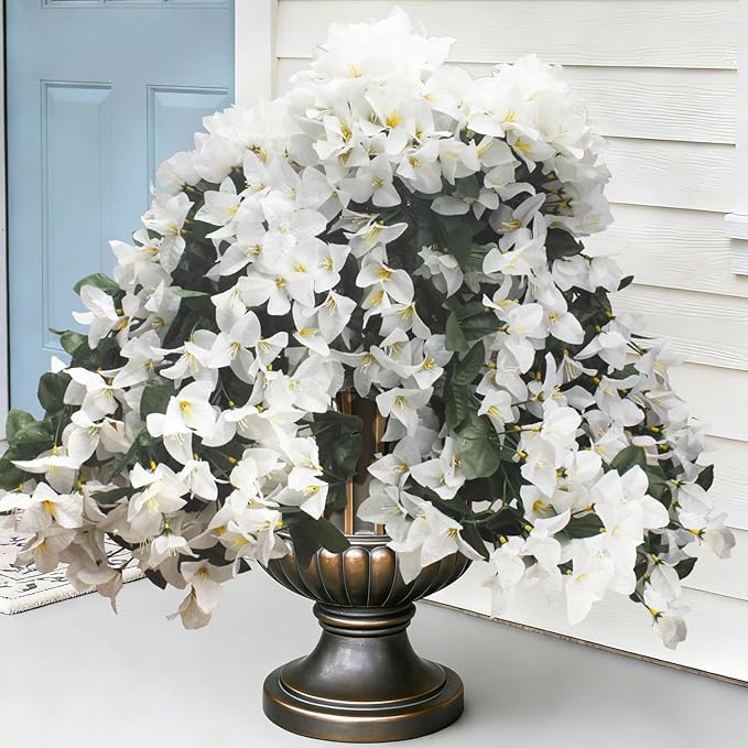 Grunyia Artificial White Bougainvillea Vine, 4 Pcs UV Resistant Fake Flowers Trailing Plant, Realistic Silk Leaves for Outdoor/Indoor Decor, Hanging Basket Wedding Arch Garden Home Decoration(White)