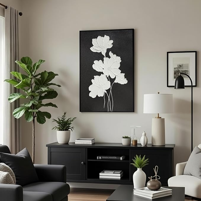SAFERRYHOME White Flower Hand Painted Wall Art, Large Modern Floral Framed Canvas Wall Decor, 3D Texture Flower Oil Painting Nature Artwork for Home Office Living Room Hallway, 24"x36"