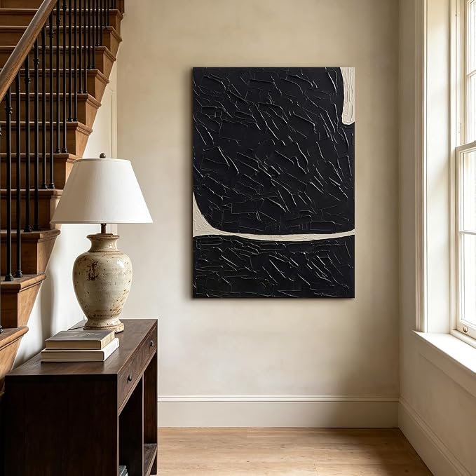 Large Textured Abstract Canvas Wall Art, Modern Minimalist Black Wall Decor | Hand-Painted Vertical Oil Painting Artwork for Living Room Bedroom Office, 28x40 In Original Neutral Home Decor Gifts