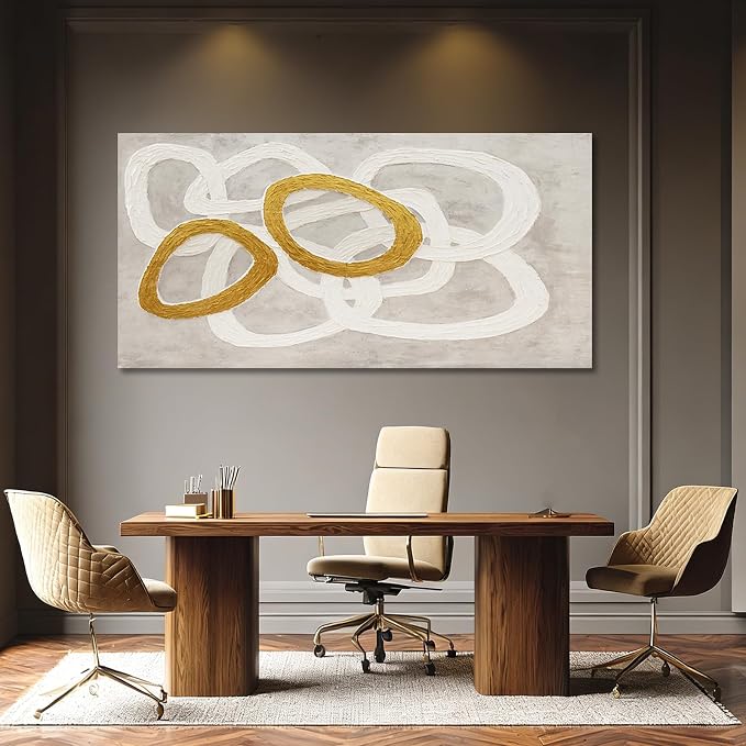 Dolidoteart Beige White Gold Abstract Wall Art, Large Canvas Wall Art for Living Room Office, Neutral Hand-Painted Style Horizontal Wall Decor, 29x58 Inch