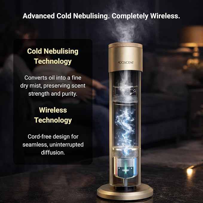 Waterless Fragrance Oil Diffuser Gold, 120ml Smart Timer, Bluetooth & Manual Control, Whisper Quiet Rechargeable Aroma Machine for Home Office Spa Hotel - 1500sqft - Fragrance Not Included