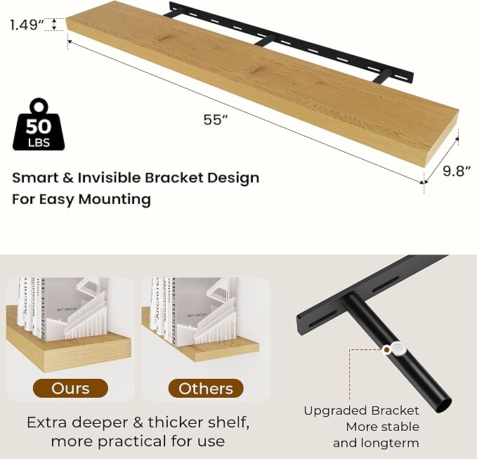 Dreamland 55Inch Oak Floating Shelves 9.8" Deep Wall Mounted Set of 2 | Wall shelves for bathroom, bedroom, Living Room, kitchen, deep wall mount wood storage display for home decor 55" x 9.8"