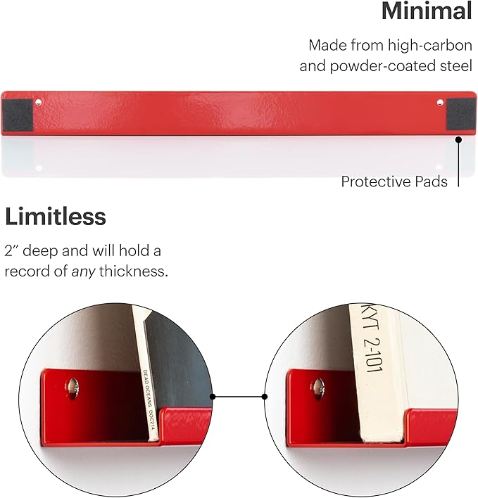 Vinyl Record Shelf - 3 Metal Display Shelves - Wall Mount Now-Playing Vinyl Shelves - an Album Record Holder That Doubles as a Picture Ledge - Fits All Records (Red)