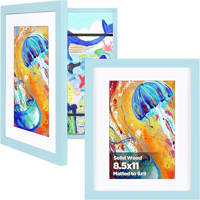 KINLINK 8.5x11 Kids Art Frame Set of 2, Solid Wood Kids Artwork Frames Changeable with Front Opening Hold 150 Pictures, Art Frames for Kids Art with Mat，without Mat 8.5x11 Picture Frame Light Blue