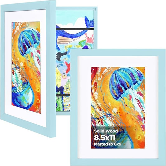 KINLINK 8.5x11 Kids Art Frame Set of 2, Solid Wood Kids Artwork Frames Changeable with Front Opening Hold 150 Pictures, Art Frames for Kids Art with Mat，without Mat 8.5x11 Picture Frame Light Blue