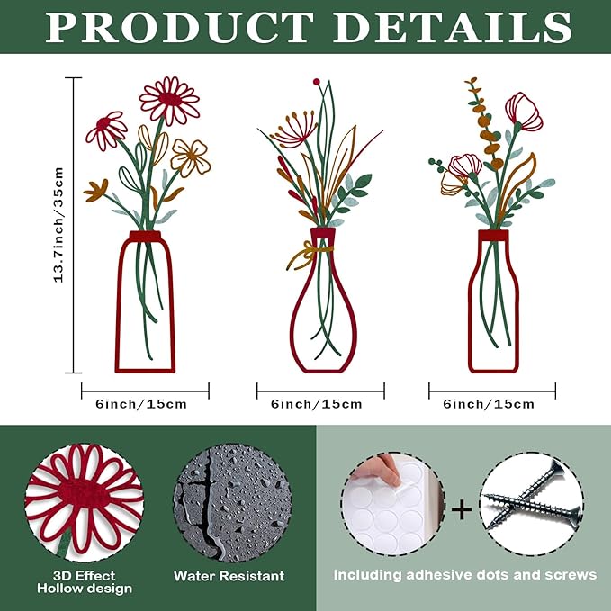 Pigort 3 Pieces Metal Vase Flowers Wall Arts - Rustic Farmhouse Style Décor Metal Wall Art Black Minimalist Flower Natural Themed Wall Decors for Home Bedroom Dining Room Housewarming (Red, Vase-C)