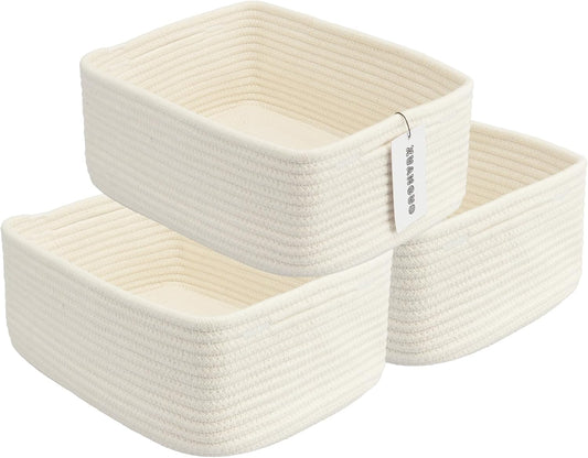 Small Woven Storage Baskets 13“X9”X5“ Decorative Rope Bins for Organizing Shelves, Closets, and Toys, Empty Gift Baskets, Cute Organizer Basket for Home and Office White Large