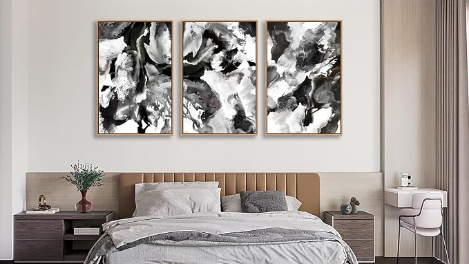 Large Abstract Wall Art for Living Room Natural Wood Float Framed Art Set of 3 Black and White Pictures Artwork Modernism Canvas Prints for Bedroom Kitchen Home Office Wall Decor 24"X36"X3