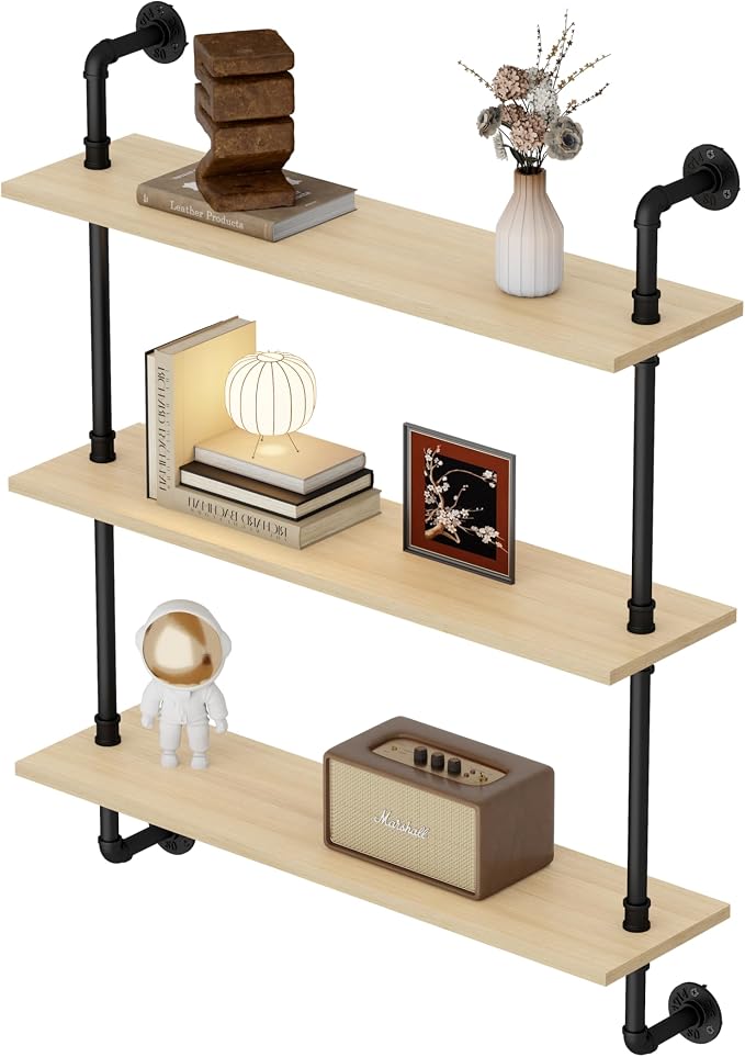 3-Tier Industrial Pipe Floating Shelf – Rustic 24 inch Wood Wall-Mounted Storage Shelf for Kitchen Office,Bathroom & Home Decor -White Oak