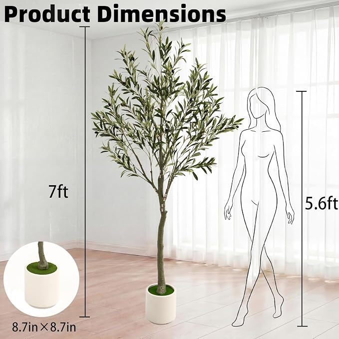 7ft Fake Olive Tree Artificial Indoor,Faux Olive Tree with Pot,Large Olive Branches and Lifelike Fruits,for Home Office House Living Room Decor.