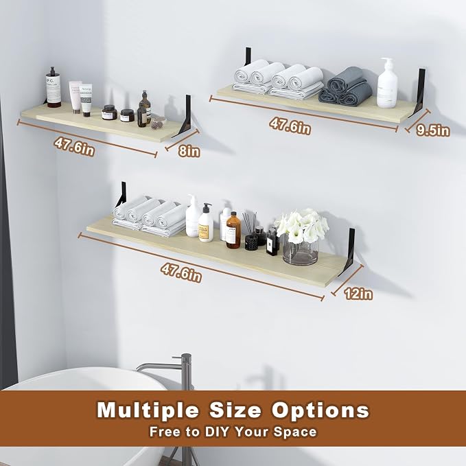 Large Wall Shelves, 31.5" W x 12" D Long Floating Shelves Set of 2, Wide Display Wood Shelf Wall Mounted with Heavy-Duty Metal Brackets for Bedroom Books, Living Room, Kitchen, Natural Wood