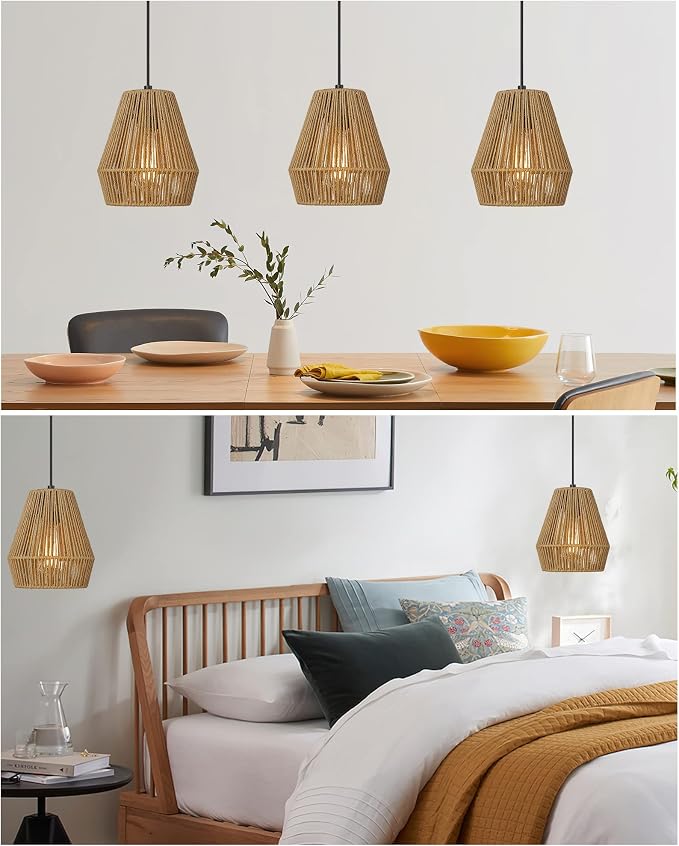 ELYONA Boho Woven Pendant Lights 7” Rustic Rattan Hanging Lamp Adjustable Handwoven Basket Shade, Japandi Pendant Light Fixtures for Kitchen Island, Dining Room, Bedroom, Farmhouse Bar, Foyer Hallway