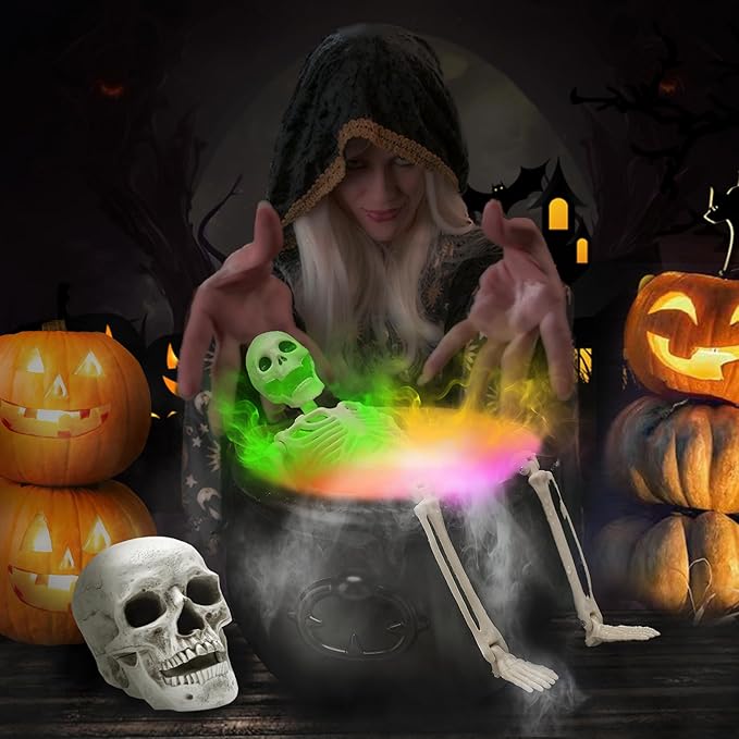Halloween Decorations Indoor - Witch Cauldron with LED Fog Maker & Poseable Skeleton - Spooky Hocus Pocus Party Decor for Home, Table, Mantel, Kitchen - Vintage Magic Brew Cauldron Set