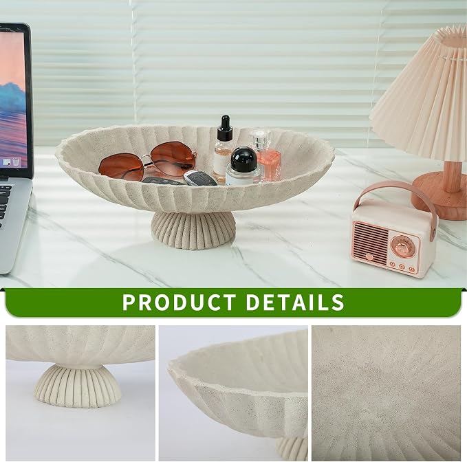 14.5" Large Decorative Long Bowl decor - Fluted Scalloped Decorative Bowls for Home Decor - Ruffle Decor,Stylish Key Bowl for Entry Table,Decorative Fruit Bowls for Kitchen Counter,Light Gray