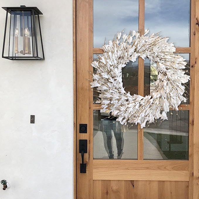 Bibelot 22inch Artificial Forsythia Flower Wreath Spring Summer Fall Wreath Silk Leaves for Front Door Decoration Porch Farmhouse Patio Garden Home Decor (White)