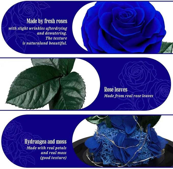 3 Preserved Flowers Roses in Glass Dome for Beauty and The Beast Decor Real Rosas Eternas for Women Mom Birthday,Forever Blue Roses for Delivery,Christmas for Wife Girlfriend Her
