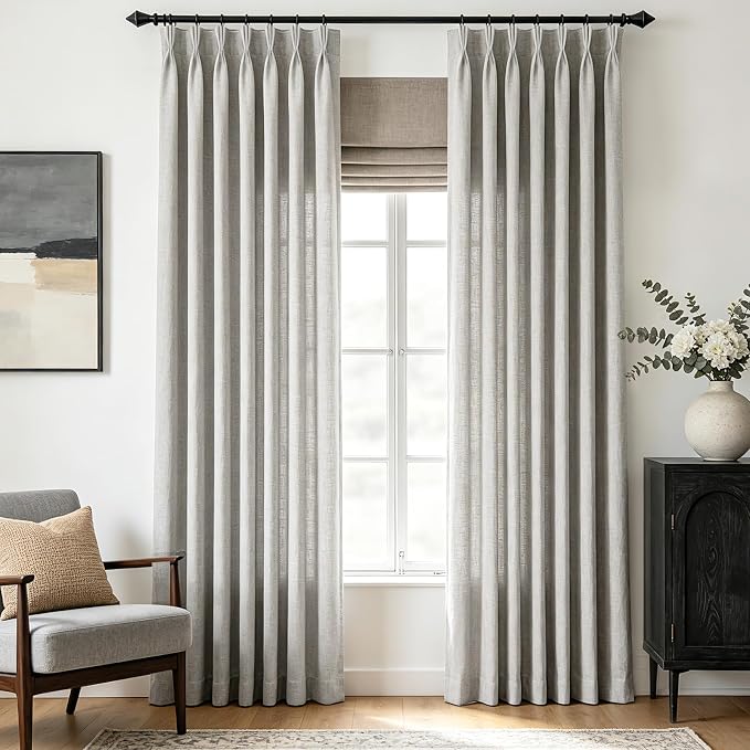 90 Inch Long Pleated Linen Curtains 2 Panel Set for Living Room Grey Triple Pinch Pleat Curtain Memory Trained with Hook Farmhouse Rustic Canvas Textured Light Filtering Pleated Drapes 90 inch Length