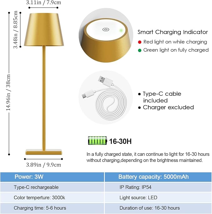 2-Pack LED Cordless Table Lamp 5000mAh Rechargeable Battery Operated Stepless Dimmable Portable Lamp for Restaurant, Bedroom, Outdoor (Gold)