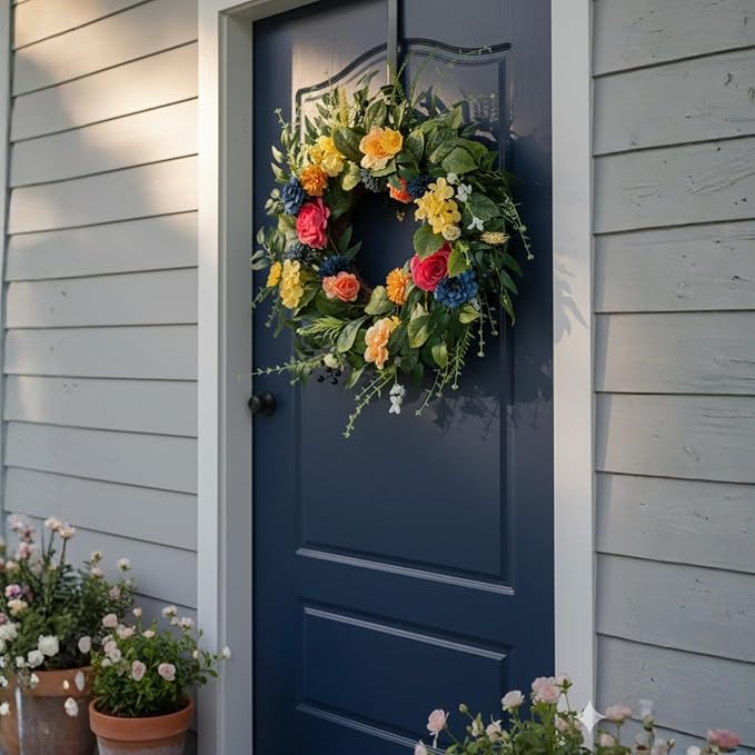 Spring Wreaths for Front Door, 22 Inch Summer Wreath with Roses & Hydrangeas, Outdoor Wreath for Spring Summer Door Decor