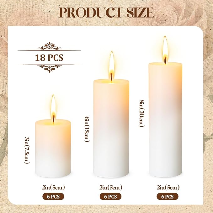 18 Pcs White Pillar Candles Bulk Set，Hurricane Candles，2x3 2x6 2x8 Inch - 12 Each Size，Dripless Unscented Smokeless，Gives You a Better Atmosphere When Organizing an Event Party.