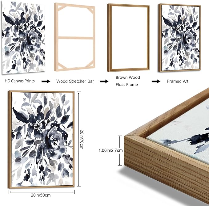 Large Flowers Wall Art for Living Room Natural Wood Float Framed Art Set of 3 Black Roses Pictures Artwork Canvas Prints for Bedroom Kitchen Home Office Wall Decor 20"X28"X3