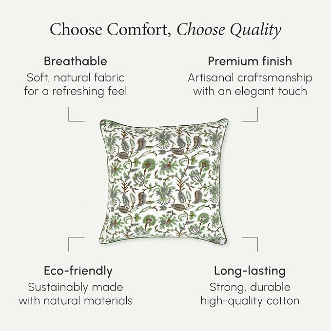 CPC 100% Cotton Throw Pillow Covers 20x20 Inch, Set of 2 Green Block Print Pattern Couch Pillow, Cute Boho Decorative Pillows for Living Room, Bedroom with Hidden Zipper- Mint Leaf