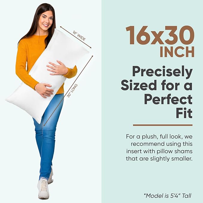 Pillowflex Synthetic Down Pillow Insert - 16x30 Down Alternative Pillow, Ultra Soft, Large Rectangle Body Sleeping Pillow, Lumbar, Long, Back - 1 Decorative Pillow Form