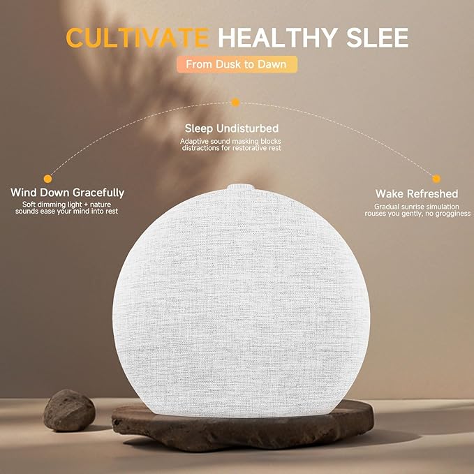 Geuuap Sunrise Alarm Clock White Noise Sound Machine for Bedroom | Natural Wake-Up Light with 30 Soothing Sleep Aids, Bluetooth Speaker, Dimmable Clock, Screen-Free Design for Baby Adults Kids-White