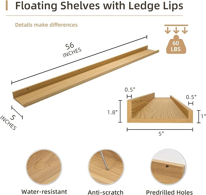 Acovy Picture Ledge Shelf, Wood Long Floating, Set of 2, 56 inch, Oak | Wall Mounted, For Living Room Kids' Room Bedroom, Photo Ledge Nursery Book Shelves